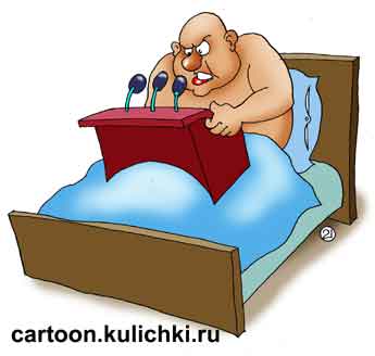 Карикатура про выборы. Депутату в кровать на завтрак подают трибуну с микрофонами.