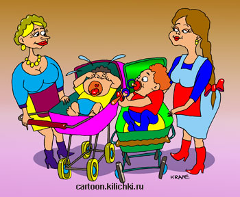 Карикатура о дружбе. Две мамы с колясками. Украинский младенец плачет, а русский протягивает ему соску.