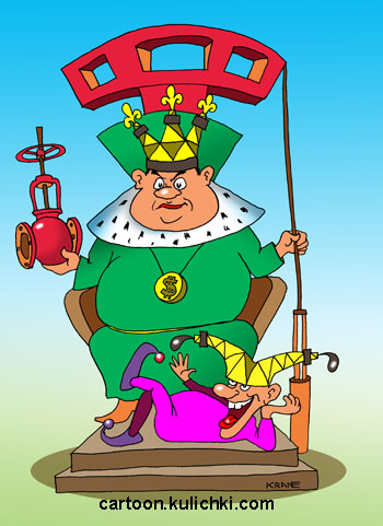 Карикатура о нефти. Нефтяной король с нефтяным шутом на троне. На голове корона из нефтяных вышек.