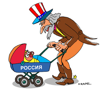 Карикатура о воспитании. Дядя Сэм воспитывает детей России с детства на американских ценностях. Качает в коляске ребенка.