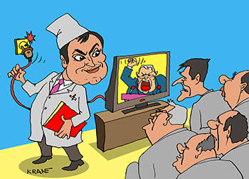Карикатура о зомбоящике. Настоящих буйных мало и тогда главврач телевизор запретил. Володин выдергивает шнур телевизора из розетки.