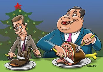 Карикатура о мясе и еде. Гражданин сидит перед ним тарелка с варенным ботинком. Сидит богач перед ним тарелка с большим куском мяса. В среднем на всех хватает мяса. 