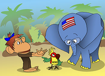 Карикатура про привет. Слон передает привет мартышке от удава. Попугай разруливает ситуацию.