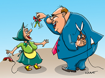 Карикатура про прямую линию с президентом. Пенсионерке Марии Ивановне, которой не удалось дозвониться до Путина, губернатор на радостях подарил двухкомнатную квартиру.