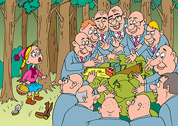 Карикатура про свалку в лесу. Двенадцать чиновников греют руки в лесу от лесных свалок. Девочка пришла в лес с лукошком.