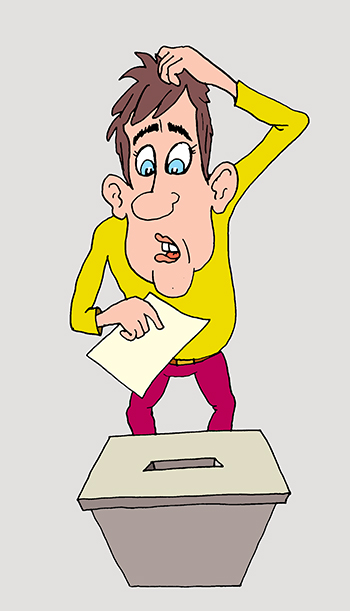 Карикатура про выборы. Избиратель перед урной с бюллетенем для голосования