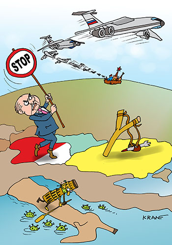 Карикатура про коронавирус и туризм. Самалёты из Москвы летят в Италию. Польша не пускает.