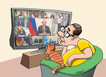 Карикатура про G-20 Обыватель смотрит по телевизору видео конференцию G20