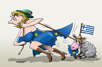 Карикатура про паршивую овцу. Европа тащит на веревке паршивую овцу.