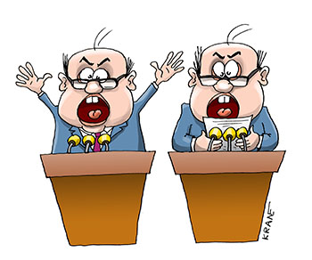Карикатура про выступление за трибуной. Один выступает без бумажки, другой читает свою речь по бумажке.