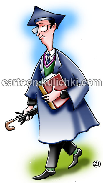 Карикатура о ирландском студенте. Классический академический костюм английского студента. Мантия, шапочка - кафедралка. Этот головной убор символизирует академические достижения и ученую степень.