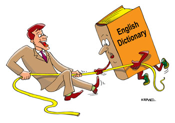 Карикатура о словаре английских слов. Студент знает больше английских слов, чем словарь благодаря интернету.