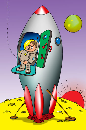 Карикатура о писающем мальчике. Мальчик в скафандре космонавта писает из ракеты в невесомости.