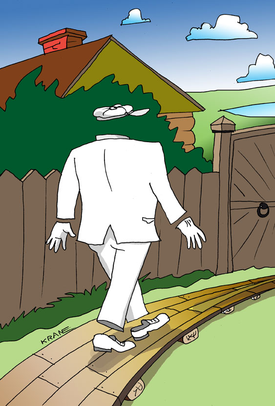 Карикатура о приведении. В белом костюме удаляется по досчатому тротуару по деревне в сторону озера.