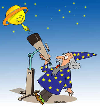 Карикатура о звездах. Звездочёт в телескоп увидел Сатурн. Планета показывает фигу.
