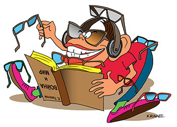 Карикатура о граммотности. Мартышка и очки. Школьник читает Толстого Война и мир.