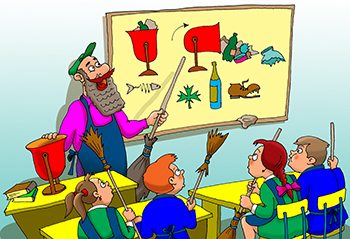 Карикатура про урок для дворников. Дворник в классе учит учеников убирать мусор. За партами сидят будущие дворники.