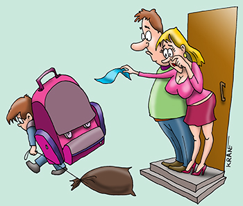 Карикатура про первоклассника. Первоклассник с огромным ранцем рюкзаком пошел в школу. Родители на крыльце дома.