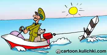 Карикатура о морской границе. Пограничник на моторной лодке с собакой оплывает приграничную территорию. 