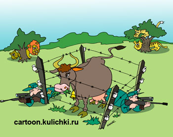 Карикатура о корове. Много хищников хотят корову, но снайперы ее охраняют.
