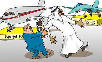 Карикатура про авиасалон. На авиасалоне арабы покупают российские истребители Су-35. Предлагают покупать Суперджет