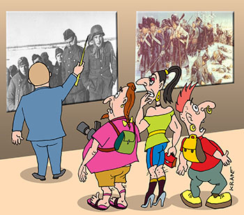 Карикатура про уроки истории. Туристы из Европы в России смотрят картины уроки истории.