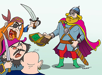 Карикатура про русского богатыря. Светозар русский богатырь дает прикурить разбойникам. Протягивает табакерку бандитам.