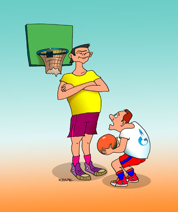 Карикатура о баскетболе. Китаец очень высокий и закрыл возможность забросить мяч в корзину.