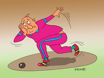 Карикатура о склерозе. Метание ядра. Рассеянный спортсмен готовится метнуть свою голову вместо ядра.