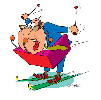 Карикатура о катании на лыжах. Чиновник за трибуной с микрофонами катается на лыжах с палками.