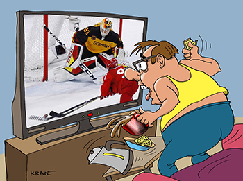 Карикатура про хоккей. Никита Гусев забил два гола Россия Германия на олимпиаде в Корее. Болельщик смотрит по телевизору хоккей.