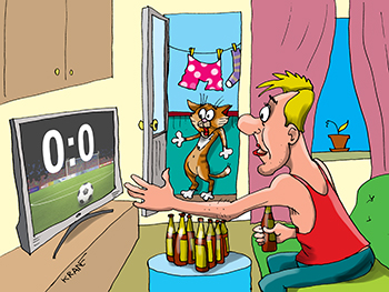 Карикатура про предсказание результата матча. Кот не умеет предсказывать результат футбольного матча.