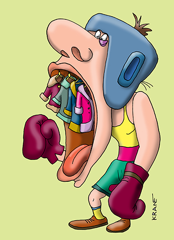 Карикатура про зубы у боксера. У боксёра открыт рот. Зубы все выбиты. Во рту шубы.