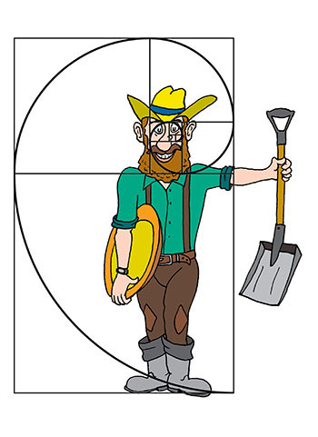 Карикатура про старателя. Старатель с лопатой и тазиком ищет золото.