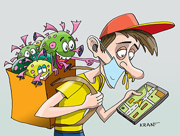 Карикатура про заразного курьера. Курьер разносит вирусы в своей огромной сумке термосе.