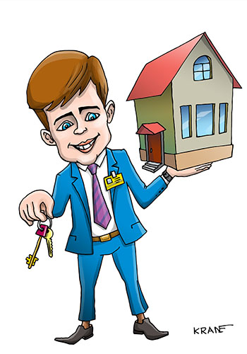 Карикатура про риэлтора. Риэлтор с ключами от новой квартиры и коттеджем.