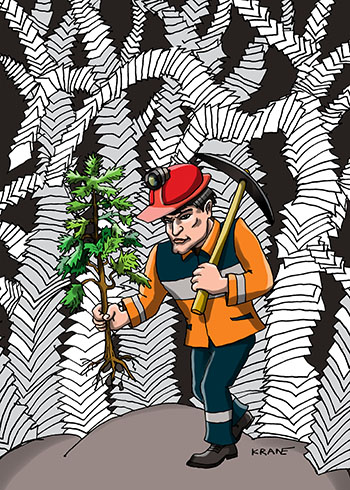 Карикатура про требования экологов к шахтерам. Шахтер с киянкой и сосной соблюдает экологию.